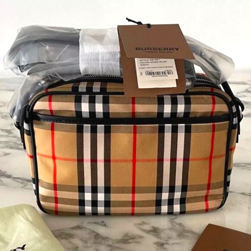 NWT Genuine Burberry Paddy Over Shoulder / Camera Bag Check Cloth and Leather